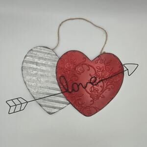 Rustic Corrugated Metal Hanging Love with Arrow Sign with Rope Loop